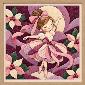 Könnte beinhalten: Eine gerahmte Illustration einer tanzenden Person mit braunem Dutt, die ein rosafarbenes und violettes Blumenkleid mit einer großen Schleife trägt. Die Person ist umgeben von Weihnachtssternen mit grünen Blättern und roten Beeren.