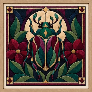 Op de afbeelding: Een vierkant ingelijst wandkunstwerk met een gestileerde kever in tinten groen en dieprood, gecentreerd tegen een cirkelvormige crèmekleurige achtergrond. De kever wordt geflankeerd door rode bloemen en groene bladeren in glas-in-loodstijl.