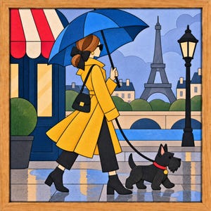 Könnte beinhalten: Eine gerahmte Illustration einer Person in einem gelben Trenchcoat und schwarzer Hose, die einen schwarzen Hund an der Leine unter einem blauen Regenschirm ausführt. Die Szene zeigt eine Pariser Straße mit dem Eiffelturm im Hintergrund und Pfützen.