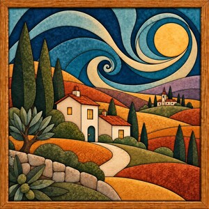 May include: A framed landscape painting featuring a winding path leading to white houses with red roofs, surrounded by rolling hills in shades of orange, yellow, and green. A large yellow sun sits in a swirling blue sky with tall cypress trees.
