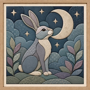 Può includere: Un'opera d'arte da parete incorniciata con un'illustrazione in stile tessuto a strati di un coniglio seduto tra nuvole stilizzate, foglie e una luna crescente. Il design utilizza una tavolozza di toni blu, crema e viola con stelle.