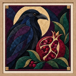 Op de afbeelding: Een ingelijste vierkante kunstdruk met een gestileerde zwarte raaf voor een grote, lichtgele cirkelvormige maan. Naast de vogel ligt een opengesneden granaatappel met rode zaden, omringd door donkergroene bladeren en kleine rode bessen.
