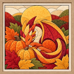 May include: A framed square wall art piece featuring a stylised dragon curled up among orange pumpkins and autumn leaves. The dragon has red, orange, and yellow scales, with a large yellow sun in the background. The scene uses a quilt-like pattern.
