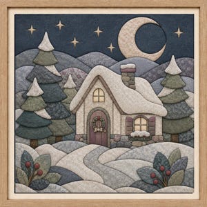 Pode incluir: Uma peça de arte de parede em tecido emoldurada retratando uma cena noturna de inverno com uma cabana coberta de neve, árvores perenes e colinas. Uma lua crescente e estrelas brilham no céu azul escuro. A cabana tem uma guirlanda na porta.