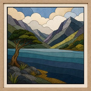 May include: A square framed wall art piece featuring a stylized landscape illustration. The scene depicts a calm blue lake in the foreground, a lone tree on a rocky shore, and layered mountain peaks under a sky filled with rounded white clouds.