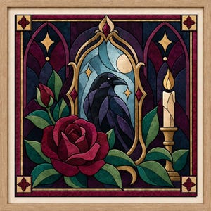 May include: A square framed wall art piece featuring a stained glass style illustration of a black raven centered within an arched window. A large deep red rose with green leaves sits on the left, and a lit candle stands on the right.