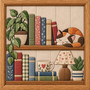 Peut inclure: Une décoration murale en tissu encadrée représentant deux étagères en bois. L'étagère supérieure contient une plante en pot, plusieurs livres et un chat calico endormi. L'étagère inférieure présente d'autres livres, une tasse avec un cœur rouge, une lampe de table et une petite plante.
