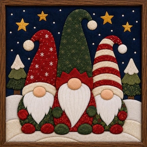 May include: A framed fabric wall art piece featuring three gnomes in a snowy landscape. The gnomes wear tall hats in red with white snowflakes, green with gold snowflakes, and red-and-white stripes. They have white beards, round noses, and stand before two pine trees under a dark blue night sky with yellow stars.