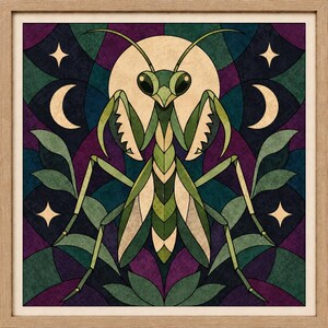 Peut inclure: Une impression d'art carrée encadrée représentant une mante religieuse verte stylisée centrée devant une grande lune pâle. L'arrière-plan se compose de motifs géométriques en vitrail dans des tons de violet profond, de sarcelle et de vert, agrémentés d'étoiles à quatre branches et de croissants de lune.