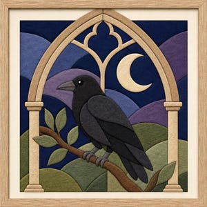 May include: A framed layered felt wall art piece featuring a black crow perched on a brown branch. The scene is set behind a tan arched window frame against a background of blue and purple hills and a cream-coloured crescent moon in the night sky.