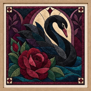 May include: A square framed wall art piece featuring a stained glass style illustration of a black swan with a red beak, positioned in front of a cream archway. A large red rose with green leaves sits in the foreground against dark purple accents.