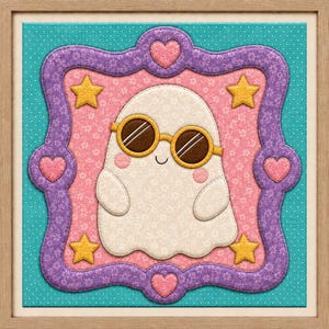 May include: A framed textile art piece featuring a white ghost character wearing yellow-rimmed sunglasses. The ghost is centered on a pink floral background, surrounded by a purple floral scalloped border with pink hearts and yellow stars.