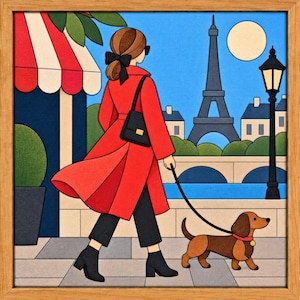 Puede incluir: Una ilustración enmarcada de una persona con cabello castaño y un lazo negro, vistiendo un abrigo rojo, pantalones negros y botas negras, paseando a un perro salchicha marrón con correa. El fondo muestra una escena callejera de París.