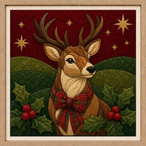 May include: A square framed wall art piece featuring a quilted-style illustration of a brown deer with large antlers. The deer wears a red and green plaid bow around its neck, set against a dark red background with gold stars and green hills.