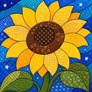 May include: A fabric quilt wall hanging featuring a large central sunflower with yellow and gold patterned petals and a dark brown centre. The background is a deep blue sky with white stars and wavy lines, and two green leaves at the base.