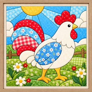 May include: A framed square wall art piece featuring a patchwork-style illustration of a white rooster with a red comb and wattle. The rooster has a blue floral wing and a multi-coloured tail with red polka dots, red gingham, and blue floral patterns.