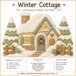 Könnte beinhalten: Ein Kinusaiga-Stoffmuster mit dem Titel Winter Cottage zeigt ein schneebedecktes Haus mit Backsteinkamin, grünen Fensterläden und einem Kranz an der Tür. Flankiert von zwei Tannen und einem Holzzaun enthält das Design Text und Anleitungen.
