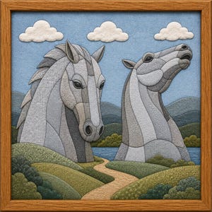 May include: A framed textile art piece depicting two stylised grey horse heads set against a blue sky with white clouds. The scene features rolling green hills, a winding dirt path, and a body of water, all rendered in layered fabric textures.