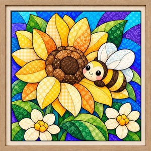 Patroon van een zonnebloem en bij in Kinusaiga-stijl | Stoffenkunst 8x8 inch (digitale download)