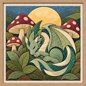 May include: A framed square wall art piece featuring a green dragon sleeping among green leaves and three red mushrooms with white spots. A large yellow sun sits in the background against a blue sky. The artwork has a textured, layered appearance.