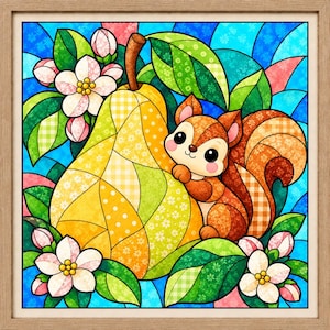 Pear and Squirrel Kinusaiga Pattern | 8x8 Fabric Art (Digital Download)