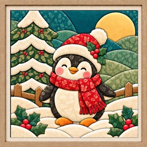 Può includere: Un'opera d'arte da parete incorniciata raffigurante un pinguino stilizzato che indossa un cappello invernale rosso a motivi con agrifoglio e una sciarpa rossa abbinata. Il pinguino si trova in un paesaggio innevato con un pino, una staccionata e un grande sole giallo.