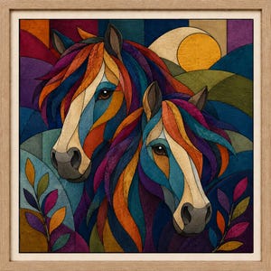 May include: A framed square wall art piece featuring a stylized illustration of two horses with multicolored manes in shades of blue, orange, purple, and red. The background includes a yellow sun and abstract hills, framed in a light wood border.