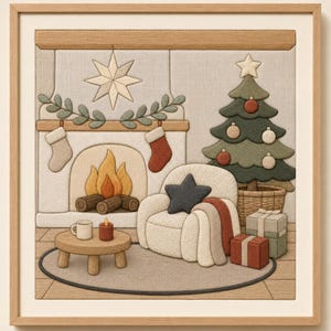 Puede incluir: Una obra de arte textil enmarcada que representa una acogedora escena navideña con una chimenea, fuego encendido, dos calcetines, un árbol de Navidad decorado, un sillón color crema con un cojín de estrella, una mesa redonda y regalos.