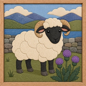 Puede incluir: Una pieza de arte en tela enmarcada que representa un carnero con lana color crema y cara negra, de pie en un campo verde con flores de cardo moradas. El fondo muestra un muro de piedra, un cuerpo de agua azul, colinas verdes y montañas.