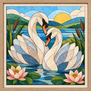 May include: A framed square wall art piece featuring a stained glass style illustration of two white swans on a blue lake. The scene includes pink water lilies, green cattails, rolling green hills, and a yellow sun in a light blue sky.
