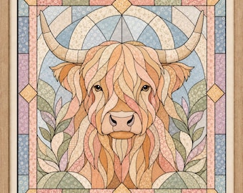 May include: A framed square wall art piece featuring a stylized Highland cow illustration with a stained glass aesthetic. The cow has long, flowing tan and peach fur, large curved horns, and is set against a background of pastel floral patterns.