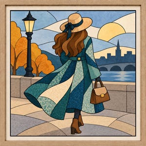 Peut inclure: Une impression d'art encadrée représentant une illustration de style vitrail d'une personne aux longs cheveux bruns portant un chapeau beige et un long manteau patchwork bleu aux tons variés, tenant un sac à main beige près d'un réverbère.