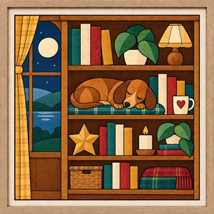 Peut inclure: Une illustration encadrée d'une étagère en bois avec un chien brun endormi sur un coussin bleu canard, des livres, une plante, une lampe, une étoile, une bougie, un panier tressé et une couverture à carreaux, vue sur un lac au clair de lune.