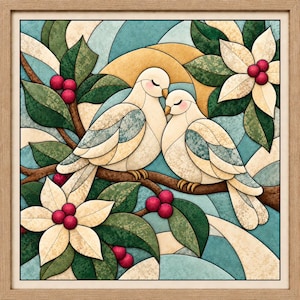 Peut inclure: Une œuvre d'art murale carrée encadrée représentant deux colombes couleur crème perchées sur une branche brune. La scène comprend des feuilles vertes, des fleurs blanches et des grappes de petites baies rouges sur un fond de formes courbes bleu sarcelle et or.