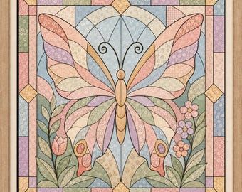 May include: A framed square wall art piece featuring a central butterfly with pastel-colored wings in shades of pink, peach, and blue. The design incorporates floral patterns within a stained-glass style grid, surrounded by small flowers and leaves.