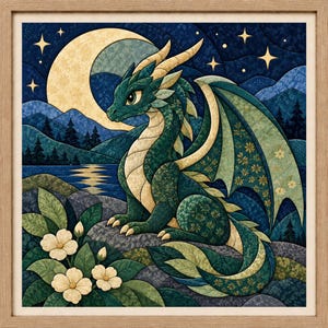 Puede incluir: Una impresión artística enmarcada que muestra un dragón verde con alas estampadas sentado sobre una roca junto a un lago. La escena incluye una gran luna creciente, un cielo estrellado, montañas azul oscuro, pinos y flores blancas.