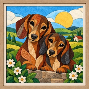 May include: A framed square art print featuring two brown dachshunds resting behind a stone wall. The background displays a landscape with green hills, a blue sky, a yellow sun, and a small house. White flowers with yellow centres grow in the foreground.