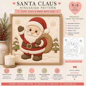 Peut inclure: Un motif d'art en tissu Kinusaiga carré de 20,32 x 20,32 cm représentant un Père Noël en costume rouge et bottes marron portant un sac. Le design inclut des flocons de neige et des sapins, encadré en bois clair, avec un modèle de contour inclus.