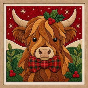 クリスマス ハイランド牛 キヌサイガ ファブリックアートパターン | 8x8 縫製不要パッチワーク (デジタルダウンロード)