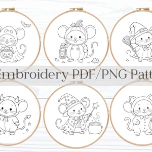 May include: Six embroidery patterns featuring cartoon mice in Halloween costumes, including a witch, devil, and cat. Each design is in a wooden embroidery hoop. The text "6 Embroidery PDF/PNG Pattern" is displayed below the images.
