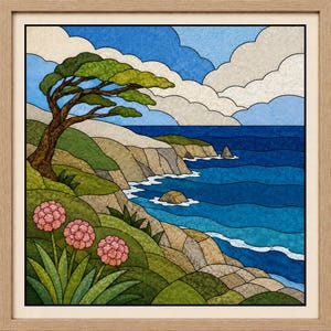 Puede incluir: Una pieza de arte mural cuadrada y enmarcada con una ilustración de paisaje estilo vidriera. La escena muestra un acantilado costero con un árbol azotado por el viento, flores esféricas rosas en primer plano, terreno rocoso y un océano azul.
