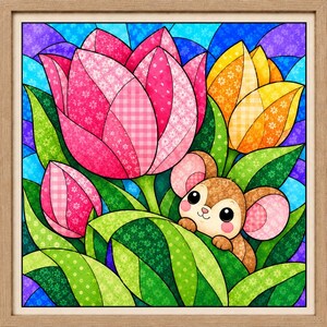 Motivo Kinusaiga con tulipani e topi / Illustrazione su tessuto 8x8 (Download digitale)