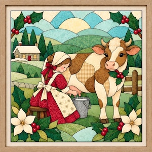Pode incluir: Uma ilustração emoldurada apresentando uma pessoa com vestido vermelho e avental branco ordenhando uma vaca castanha e branca num balde de metal. A cena inclui uma pequena casa, colinas verdes, ramos de azevinho com bagas vermelhas e flores brancas estilo vitral.