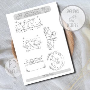 May include: A black and white PDF download with embroidery designs. The designs feature ducks, ducklings, and other nursery-themed illustrations. Text includes "Stick & Stitch Embroidery Designs", "Saphira's Digitals", and "Nursery Geese".