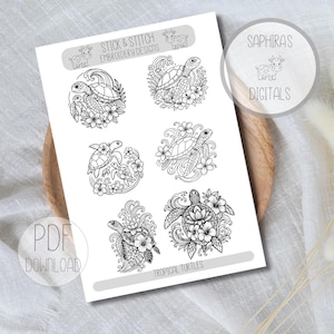 May include: A white PDF download featuring six black and white embroidery designs of sea turtles surrounded by flowers and waves. The text "Stick & Stitch Embroidery Designs" and "Tropical Turtles" are also visible.