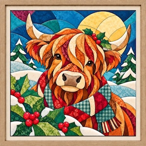 Op de afbeelding: Een ingelijst vierkant wandkunstwerk met een gestileerde Schotse hooglander met lange oranje en bruine vacht, die een rood-groene geruite sjaal draagt. De achtergrond toont een besneeuwd landschap met groene dennenbomen, hulstbladeren en een gele maan.