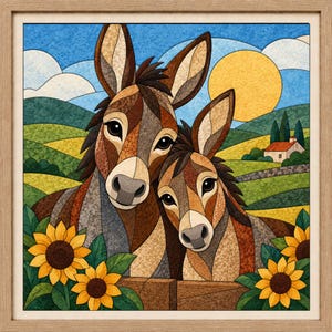 May include: A framed wall art print featuring a mosaic-style illustration of two brown donkeys standing behind a wooden fence. The scene includes yellow sunflowers in the foreground, a rolling green landscape, a small house, and a bright yellow sun.