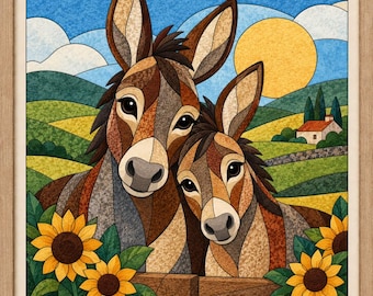 May include: A framed wall art print featuring a mosaic-style illustration of two brown donkeys standing behind a wooden fence. The scene includes yellow sunflowers in the foreground, a rolling green landscape, a small house, and a bright yellow sun.