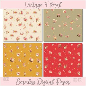 Vintage Floral Clipart Bundle PNG, Watercolour Graphics, Flower Set, Pastel Seamless Pattern