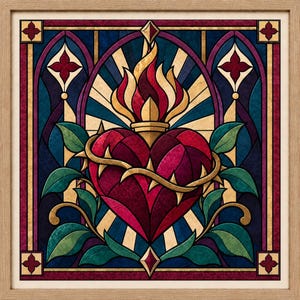 Könnte beinhalten: Ein quadratisches gerahmtes Wandbild mit einer Illustration im Buntglasstil, die ein rotes Herz zeigt, das von einer Dornenkrone umgeben ist, von goldenen Flammen gekrönt wird und von grünen Blättern vor einem blau-goldenen Hintergrund liegt.